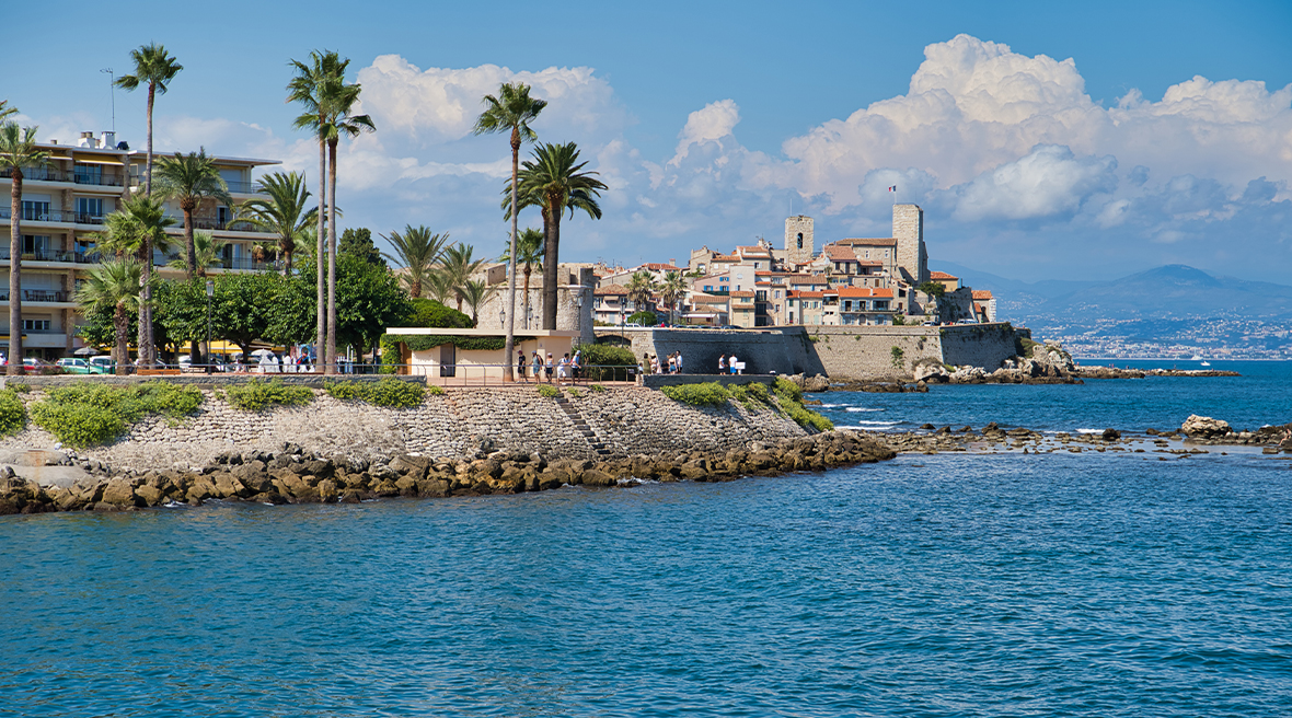 View on old town of Antibes from plage de la Salis, France